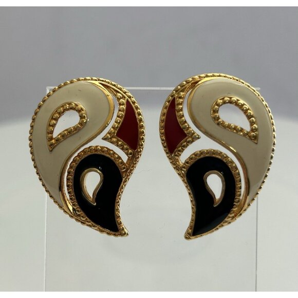 Avon Jewelry - 1980s Earrings Pierced Red Cream Black Enamel on Gold Paisley Shaped Valley Girl